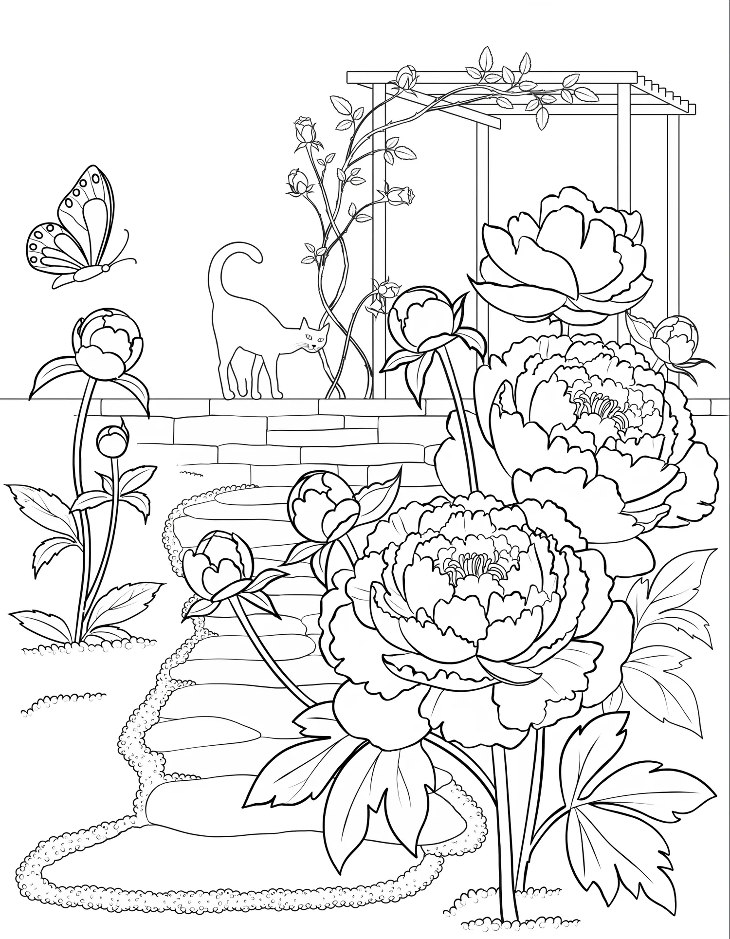 Jardin de Pivoines Romantique — Coloriage paysage à imprimer gratuitement